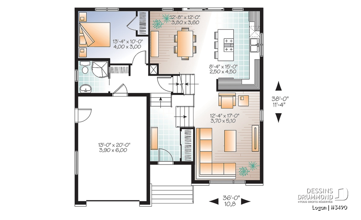 Rez-de-chaussée - Plan de modèle contemporain, split-level, 3 chambres de bon format, grande cuisine avec îlot et garage - Logan