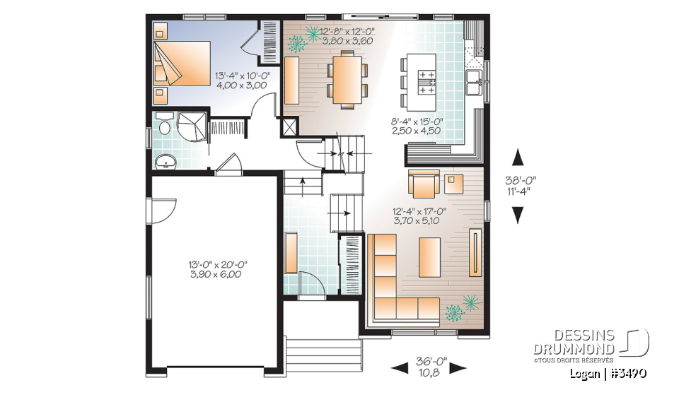 Rez-de-chaussée - Plan de modèle contemporain, split-level, 3 chambres de bon format, grande cuisine avec îlot et garage - Logan
