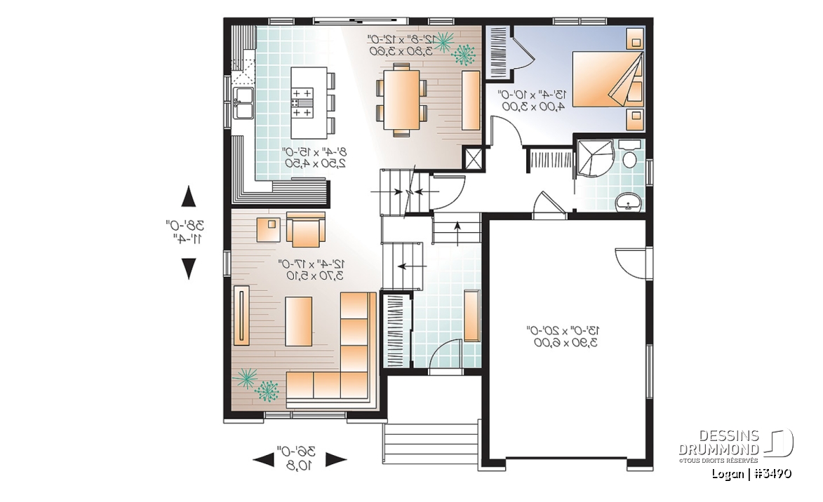 Rez-de-chaussée - Plan de modèle contemporain, split-level, 3 chambres de bon format, grande cuisine avec îlot et garage - Logan