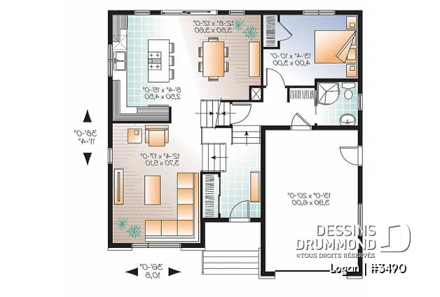 Rez-de-chaussée - Plan de modèle contemporain, split-level, 3 chambres de bon format, grande cuisine avec îlot et garage - Logan