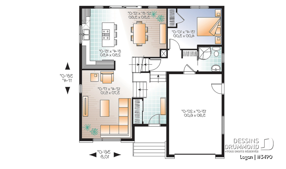 Rez-de-chaussée - Plan de modèle contemporain, split-level, 3 chambres de bon format, grande cuisine avec îlot et garage - Logan