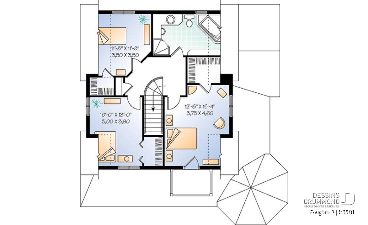 Étage - Plan de maison champêtre, 3 chambres, cuisine à la façon campagne, balcon à l'étage - Fougère 2