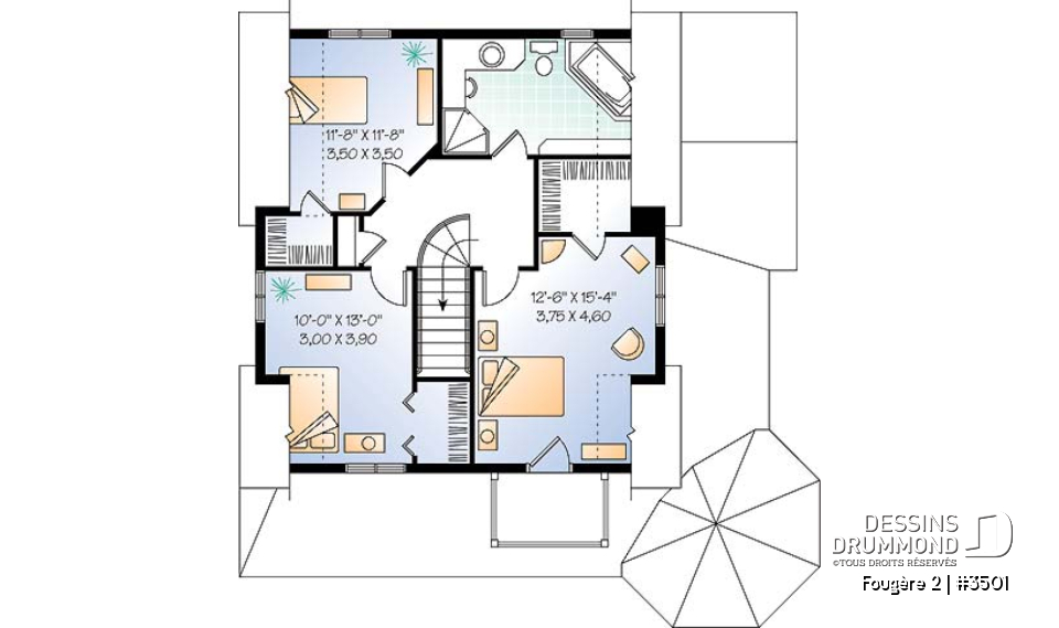 Étage - Plan de maison champêtre, 3 chambres, cuisine à la façon campagne, balcon à l'étage - Fougère 2