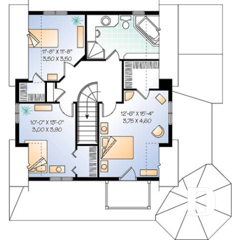 Étage - Plan de maison champêtre, 3 chambres, cuisine à la façon campagne, balcon à l'étage - Fougère 2
