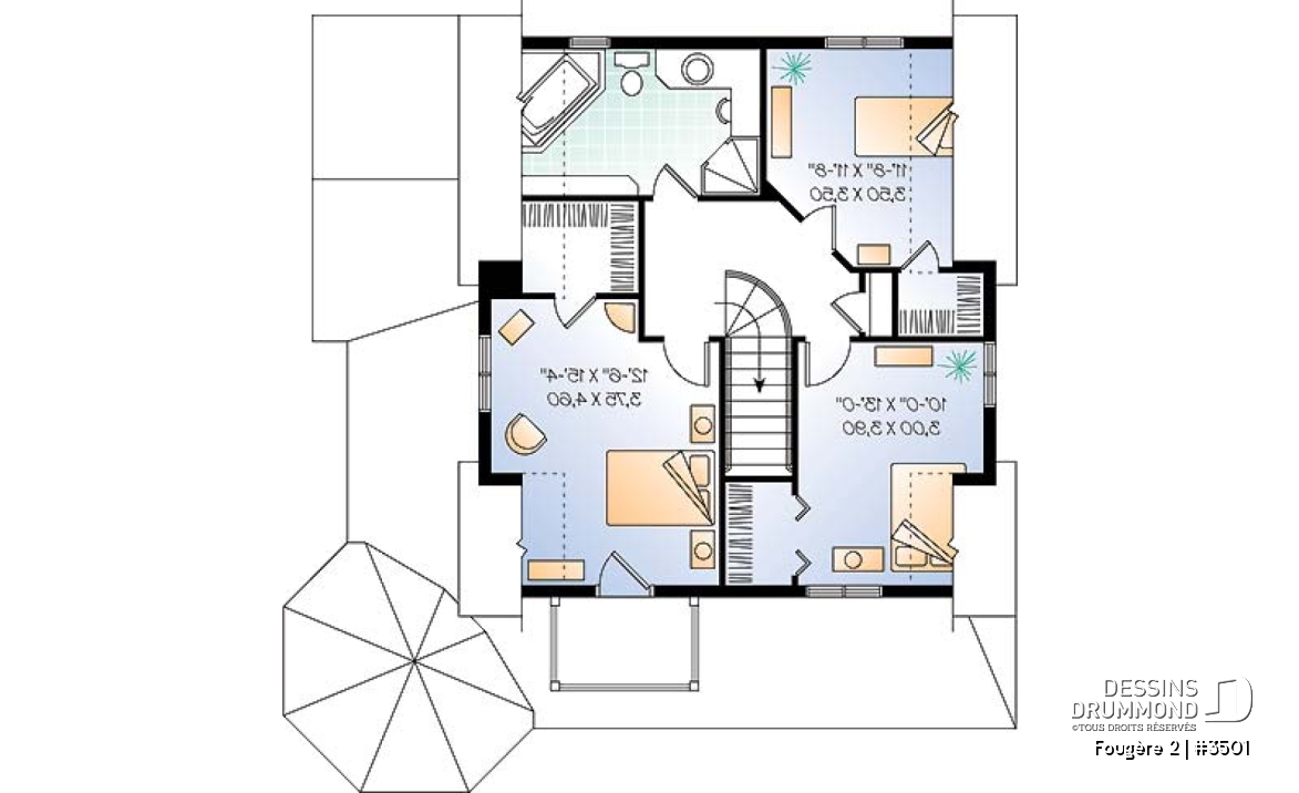 Étage - Plan de maison champêtre, 3 chambres, cuisine à la façon campagne, balcon à l'étage - Fougère 2