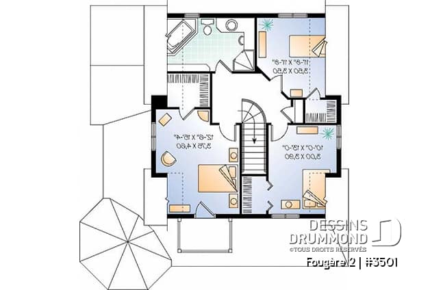 Étage - Plan de maison champêtre, 3 chambres, cuisine à la façon campagne, balcon à l'étage - Fougère 2