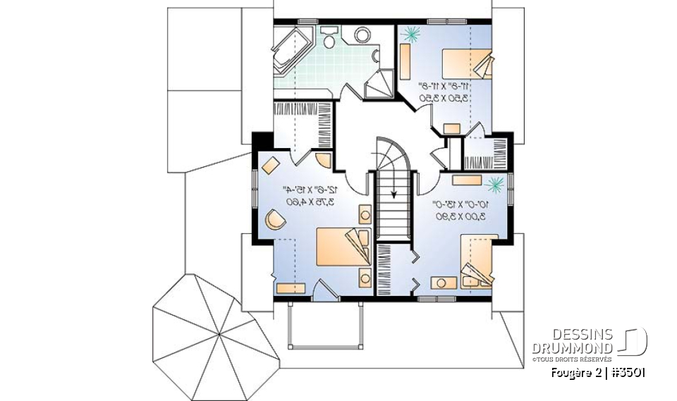 Étage - Plan de maison champêtre, 3 chambres, cuisine à la façon campagne, balcon à l'étage - Fougère 2