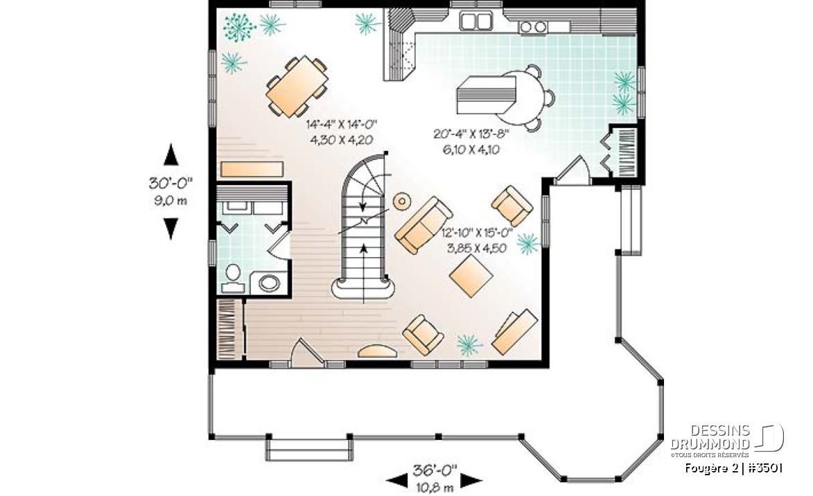 Rez-de-chaussée - Plan de maison champêtre, 3 chambres, cuisine à la façon campagne, balcon à l'étage - Fougère 2