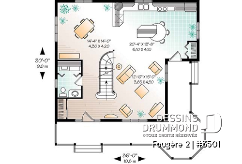 Rez-de-chaussée - Plan de maison champêtre victorienne, 3 chambres, cuisine à la façon campagne, balcon à l'étage - Fougère 2