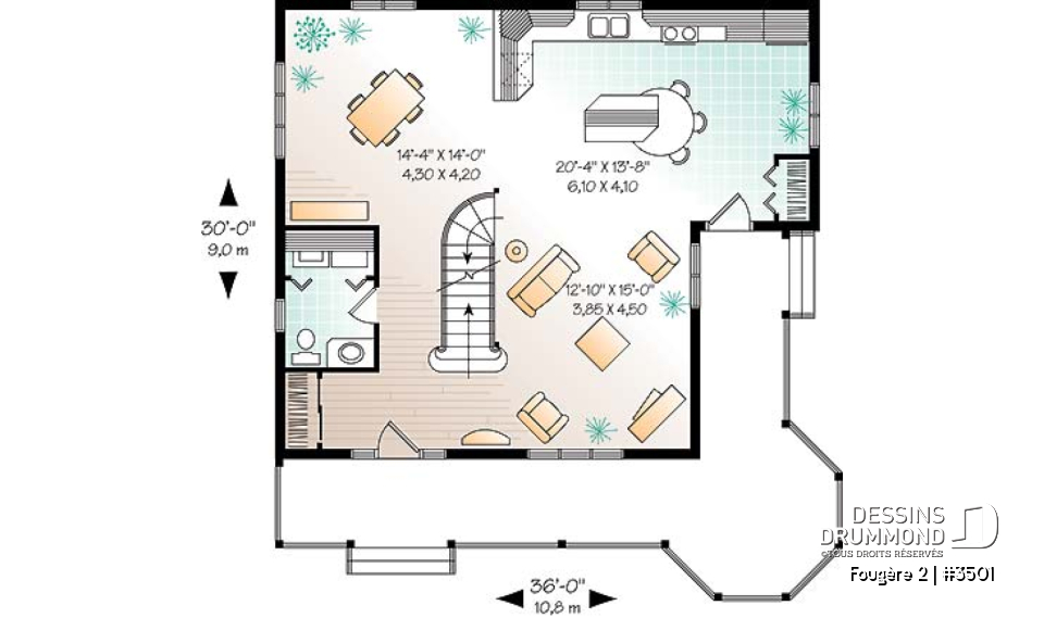 Rez-de-chaussée - Plan de maison champêtre, 3 chambres, cuisine à la façon campagne, balcon à l'étage - Fougère 2