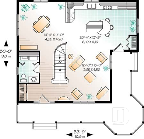Rez-de-chaussée - Plan de maison champêtre, 3 chambres, cuisine à la façon campagne, balcon à l'étage - Fougère 2