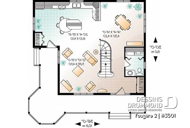 Rez-de-chaussée - Plan de maison champêtre, 3 chambres, cuisine à la façon campagne, balcon à l'étage - Fougère 2
