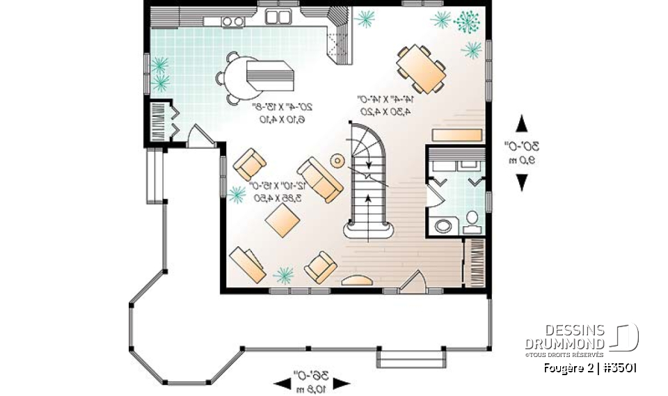 Rez-de-chaussée - Plan de maison champêtre, 3 chambres, cuisine à la façon campagne, balcon à l'étage - Fougère 2