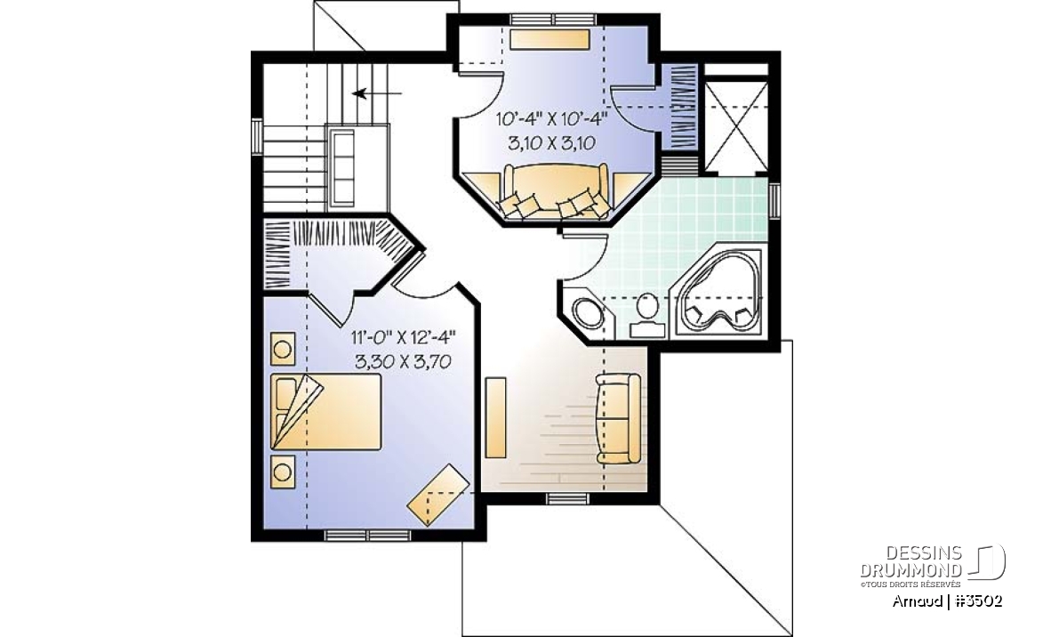 Étage - Plan de maison Tudor abordable, 2 chambres, aire ouverte, salle de lavage au premier, walk-in - Arnaud