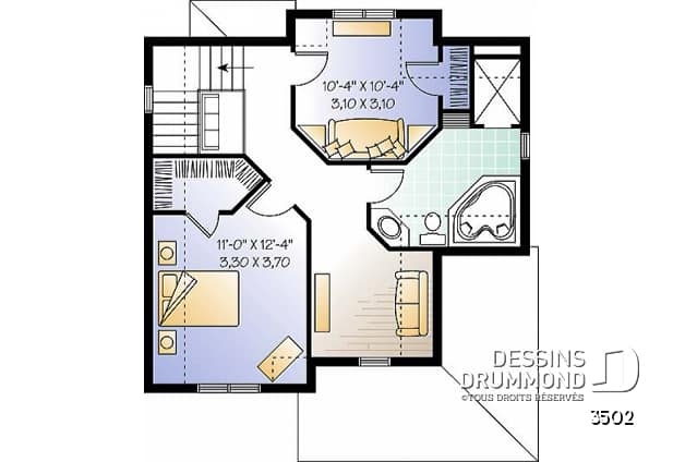 Étage - Plan de maison Tudor abordable, 2 chambres, aire ouverte, salle de lavage au premier, walk-in - Arnaud