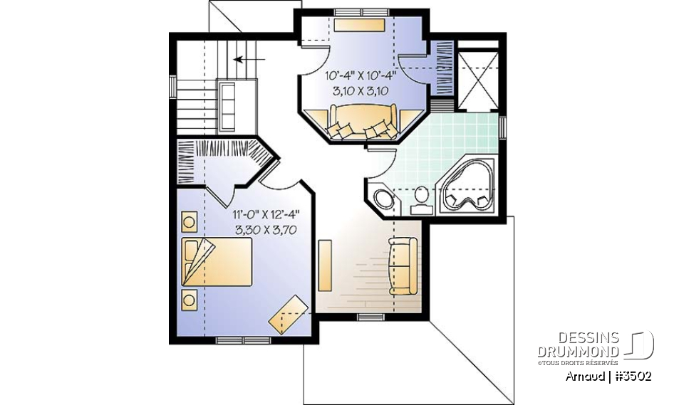 Étage - Plan de maison Tudor abordable, 2 chambres, aire ouverte, salle de lavage au premier, walk-in - Arnaud