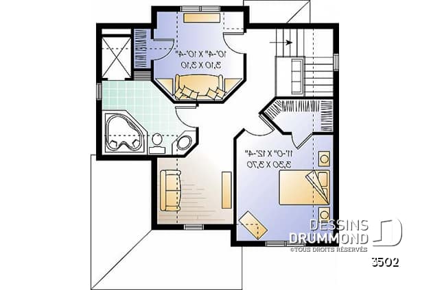 Étage - Plan de maison Tudor abordable, 2 chambres, aire ouverte, salle de lavage au premier, walk-in - Arnaud