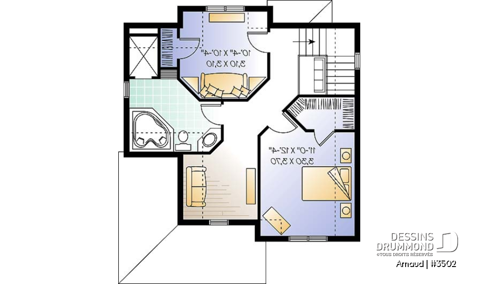 Étage - Plan de maison Tudor abordable, 2 chambres, aire ouverte, salle de lavage au premier, walk-in - Arnaud