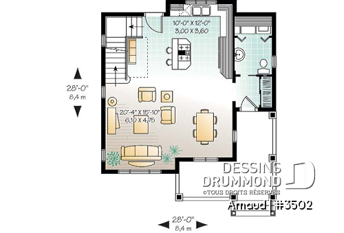 Rez-de-chaussée - Plan de maison Tudor abordable, 2 chambres, aire ouverte, salle de lavage au premier, walk-in - Arnaud