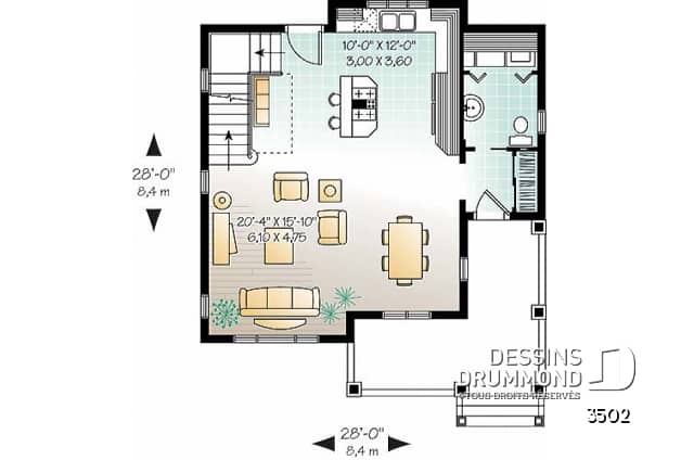 Rez-de-chaussée - Plan de maison Tudor abordable, 2 chambres, aire ouverte, salle de lavage au premier, walk-in - Arnaud