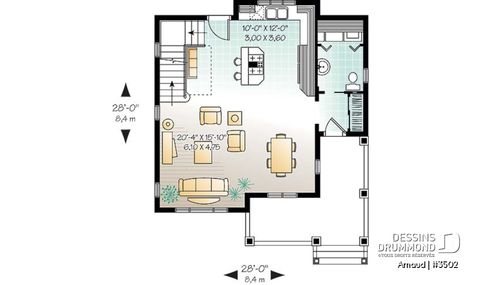 Rez-de-chaussée - Plan de maison Tudor abordable, 2 chambres, aire ouverte, salle de lavage au premier, walk-in - Arnaud