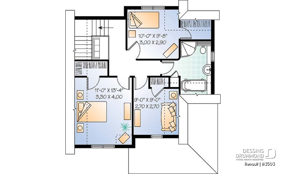 Étage - Modèle de maison Tudor, 3 chambres, économique, plancher aire ouverte, 1.5 salles de bain - Renault