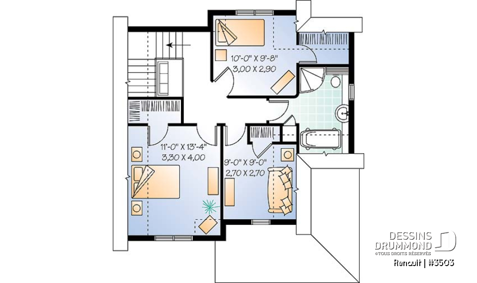 Étage - Modèle de maison Tudor, 3 chambres, économique, plancher aire ouverte, 1.5 salles de bain - Renault