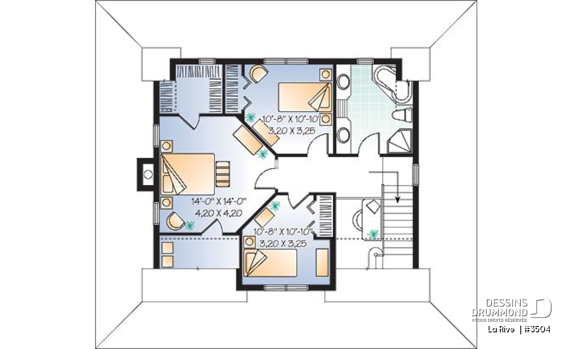 Étage -  Plan de maison champêtre, bord de lac, 3 chambres, coin bureau, foyer double face - La Rive 