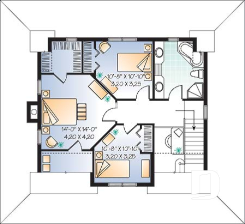 Étage -  Plan de maison champêtre, bord de lac, 3 chambres, coin bureau, foyer double face - La Rive 