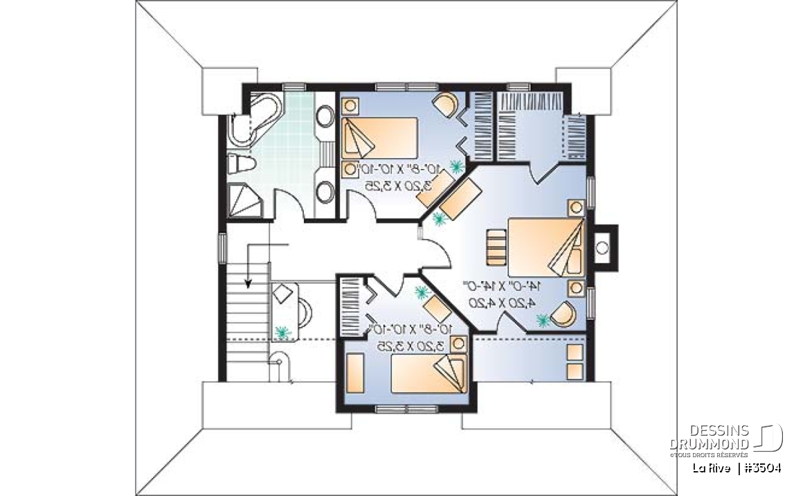 Étage -  Plan de maison champêtre, bord de lac, 3 chambres, coin bureau, foyer double face - La Rive 