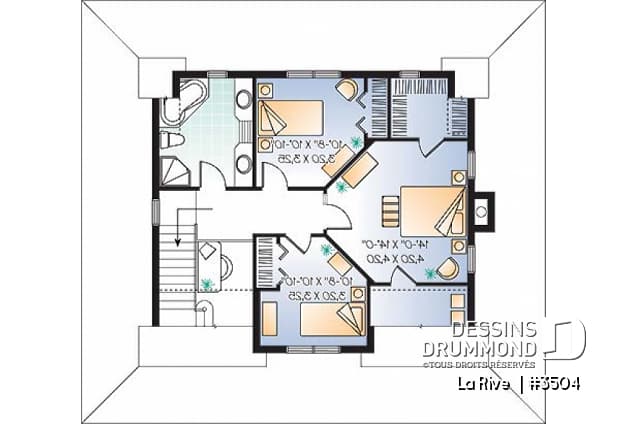Étage -  Plan de maison champêtre, bord de lac, 3 chambres, coin bureau, foyer double face - La Rive 