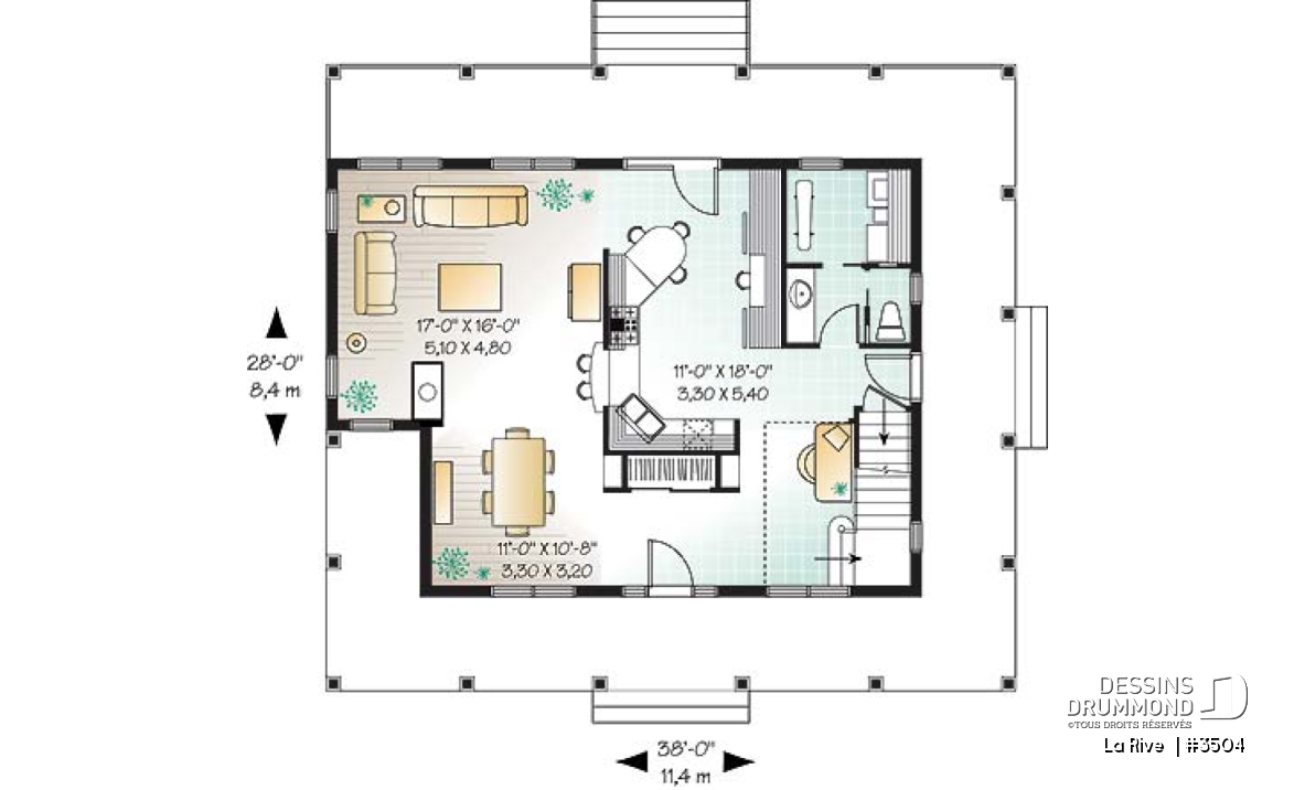 Rez-de-chaussée -  Plan de maison champêtre, bord de lac, 3 chambres, coin bureau, foyer double face - La Rive 