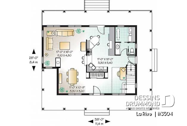Rez-de-chaussée -  Plan de maison champêtre, bord de lac, 3 chambres, coin bureau, foyer double face - La Rive 