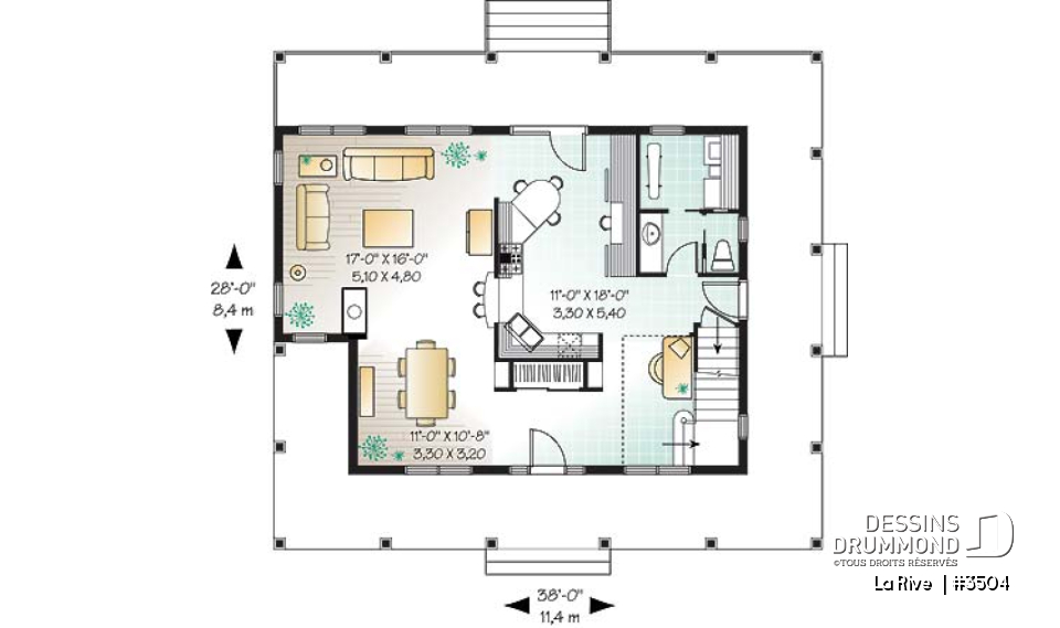 Rez-de-chaussée -  Plan de maison champêtre, bord de lac, 3 chambres, coin bureau, foyer double face - La Rive 