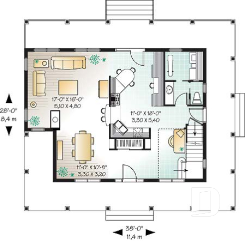 Rez-de-chaussée -  Plan de maison champêtre, bord de lac, 3 chambres, coin bureau, foyer double face - La Rive 