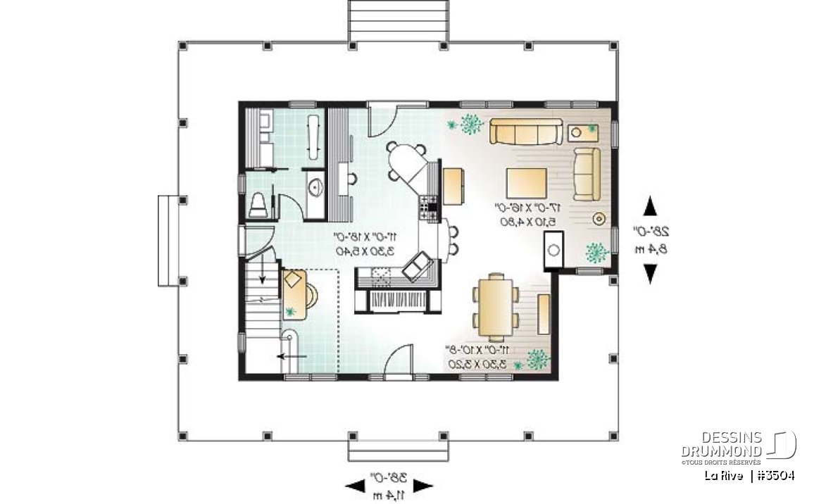 Rez-de-chaussée -  Plan de maison champêtre, bord de lac, 3 chambres, coin bureau, foyer double face - La Rive 