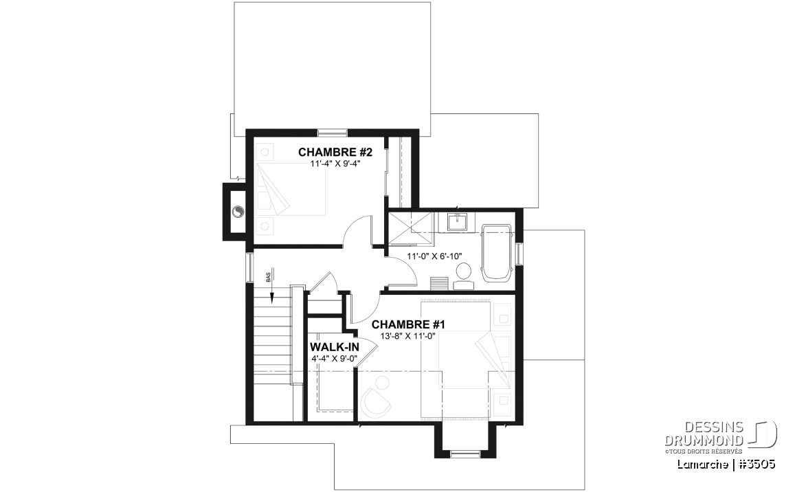 Étage - Plan de petite maison de campagne avec galerie sur 2 côtés, 2 chambres, fenestration abondante et foyer - Lamarche