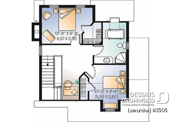 Étage - Plan de maison de style transitionnel avec influence du style Scandinave, 2 chambres, galerie couverte, foyer - Lamarche