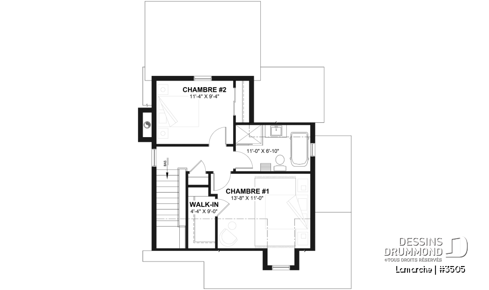 Étage - Plan de maison de style champêtre, aire ouverte au rez-de-chaussée, 2 chambres, galerie couverte, foyer - Lamarche