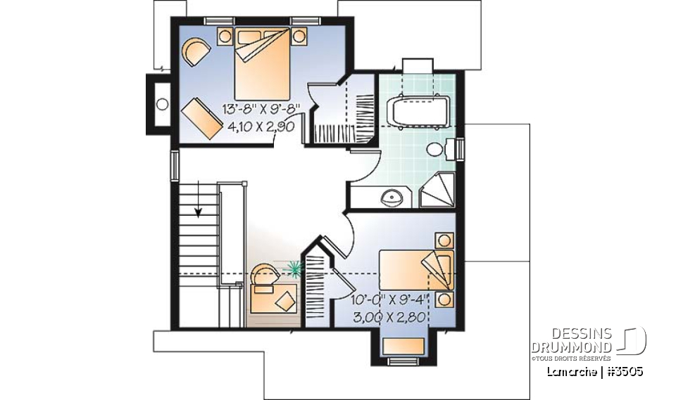 Étage - Plan de maison de style champêtre, aire ouverte au rez-de-chaussée, 2 chambres, galerie couverte, foyer - Lamarche