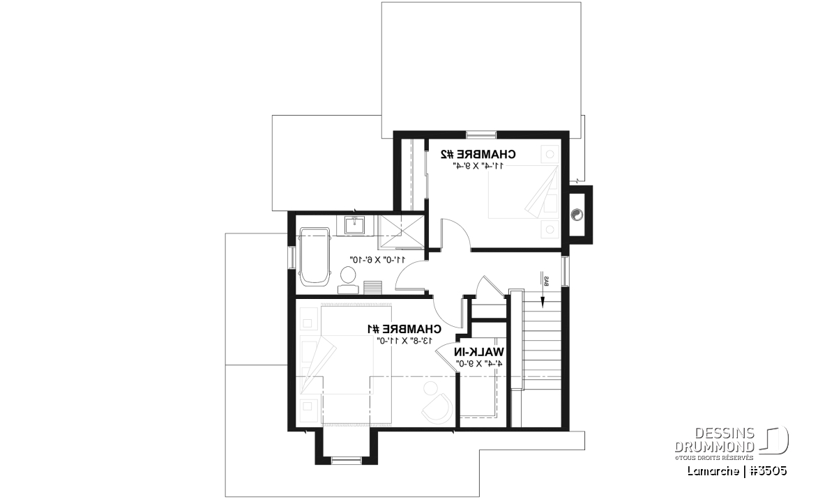 Étage - Plan de petite maison de campagne avec galerie sur 2 côtés, 2 chambres, fenestration abondante et foyer - Lamarche