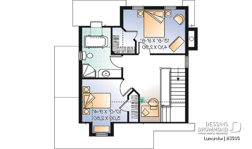 Étage - Plan de maison de style champêtre, aire ouverte au rez-de-chaussée, 2 chambres, galerie couverte, foyer - Lamarche