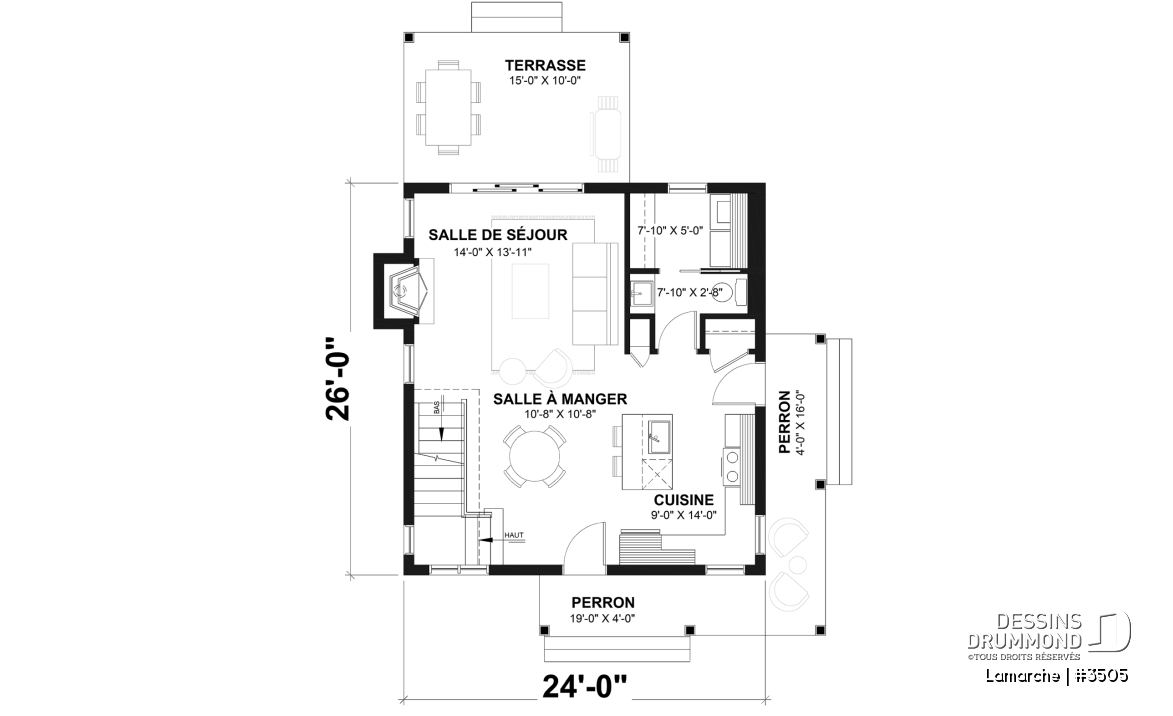 Rez-de-chaussée - Plan de petite maison de campagne avec galerie sur 2 côtés, 2 chambres, fenestration abondante et foyer - Lamarche