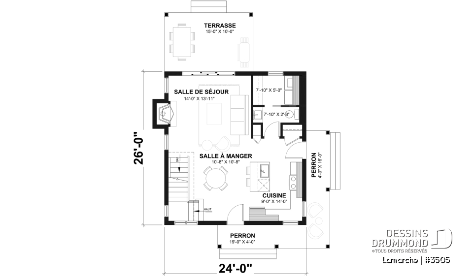 Rez-de-chaussée - Plan de maison de style champêtre, aire ouverte au rez-de-chaussée, 2 chambres, galerie couverte, foyer - Lamarche