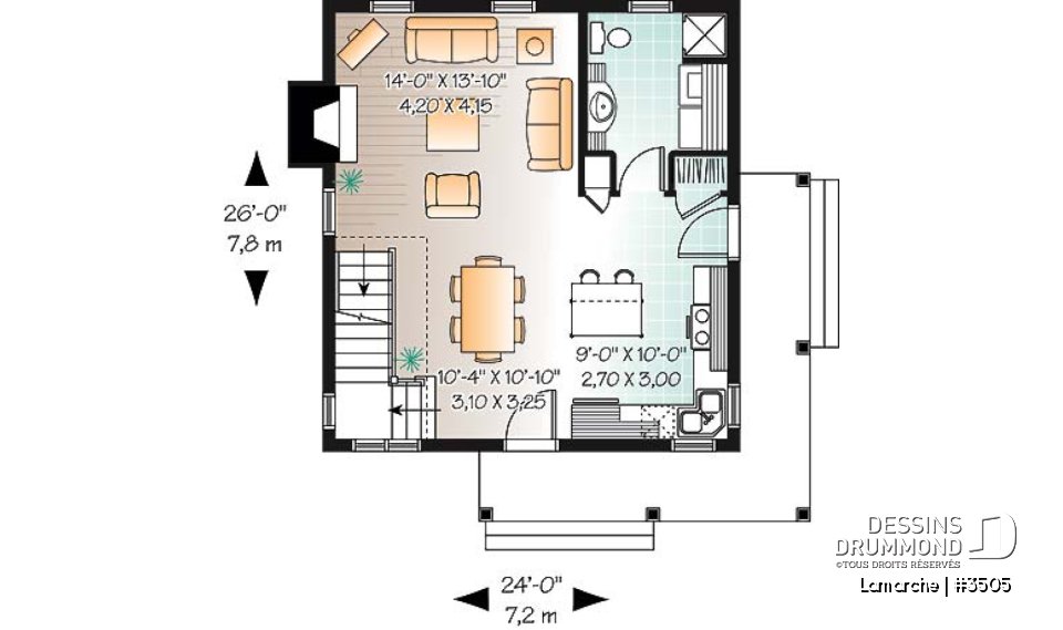 Rez-de-chaussée - Plan de maison de style champêtre, aire ouverte au rez-de-chaussée, 2 chambres, galerie couverte, foyer - Lamarche