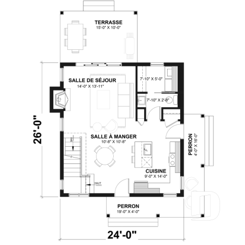Rez-de-chaussée - Plan de maison de style champêtre, aire ouverte au rez-de-chaussée, 2 chambres, galerie couverte, foyer - Lamarche