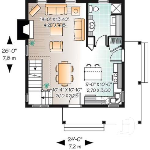 Rez-de-chaussée - Plan de maison de style champêtre, aire ouverte au rez-de-chaussée, 2 chambres, galerie couverte, foyer - Lamarche