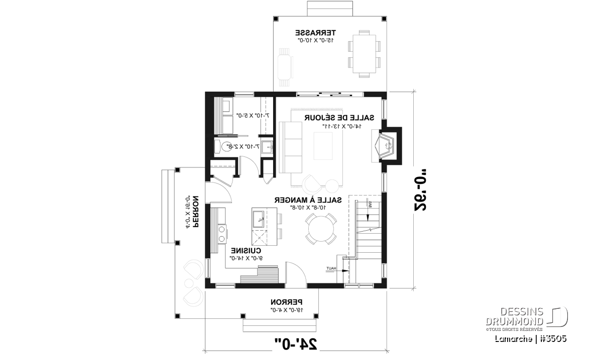 Rez-de-chaussée - Plan de petite maison de campagne avec galerie sur 2 côtés, 2 chambres, fenestration abondante et foyer - Lamarche