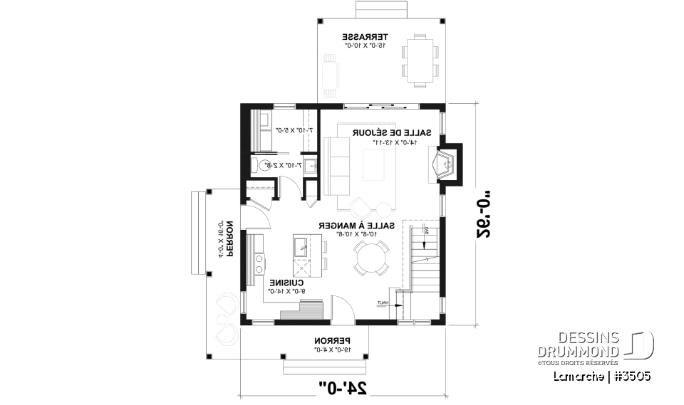 Rez-de-chaussée - Plan de maison de style champêtre, aire ouverte au rez-de-chaussée, 2 chambres, galerie couverte, foyer - Lamarche