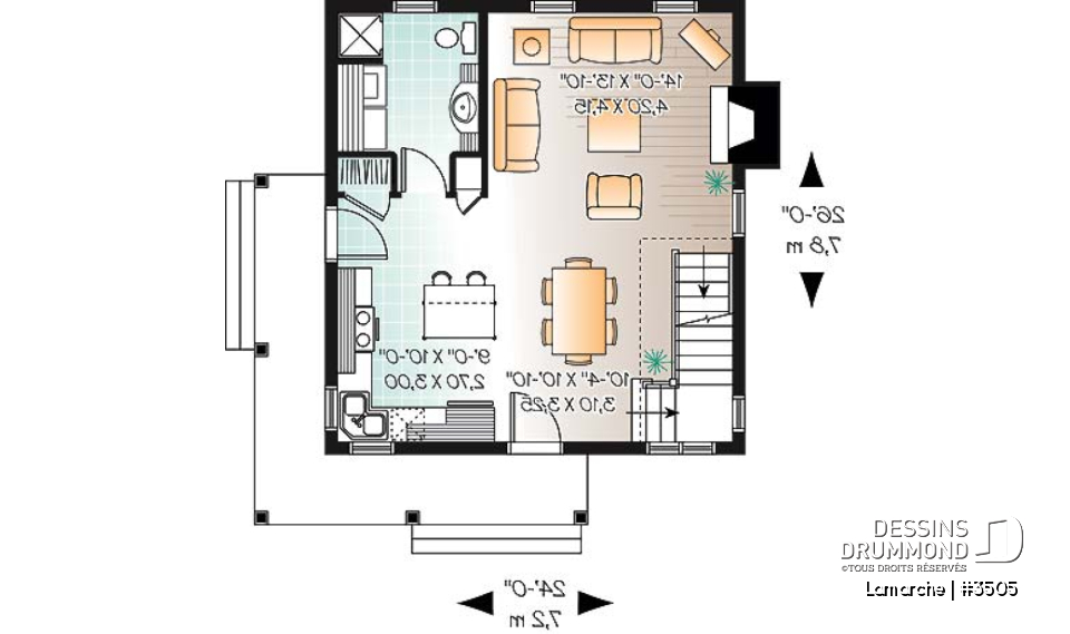 Rez-de-chaussée - Plan de maison de style champêtre, aire ouverte au rez-de-chaussée, 2 chambres, galerie couverte, foyer - Lamarche